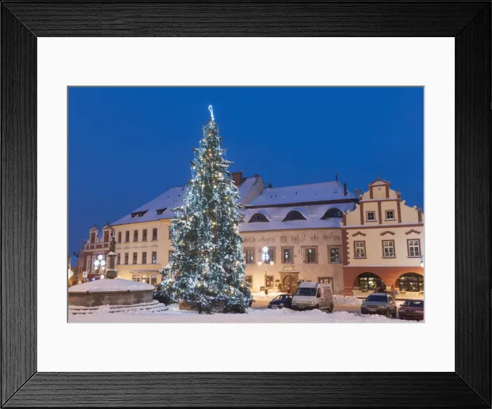 Framed Print : Snow-covered Christmas Tree and Renaissance buildings, Jihocesky, Czech Republic, Europe Framed Print : Snow-covered Christmas Tree and Renaissance buildings, Jihocesky, Czech Republic, Europe