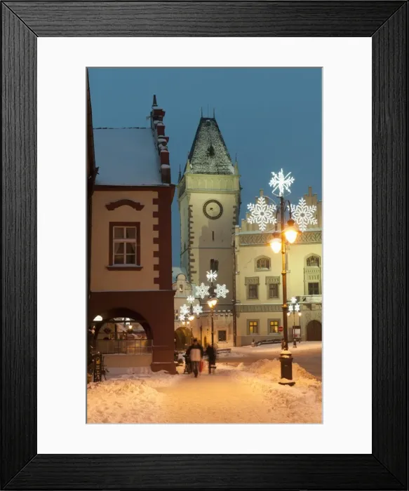 Framed Print : Snow-covered Christmas decorated lamps and Gothic Town Hall, Tabor, Jihocesky, Czech Republic, Europe Framed Print : Snow-covered Christmas decorated lamps and Gothic Town Hall, Tabor, Jihocesky, Czech Republic, Europe