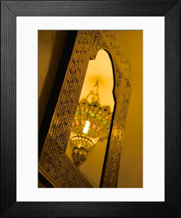 Framed Print : Brass ceiling lamp, reflected in typical mirror, Marrakech, Morocco, North Africa, Africa Framed Print : Brass ceiling lamp, reflected in typical mirror, Marrakech, Morocco, North Africa, Africa