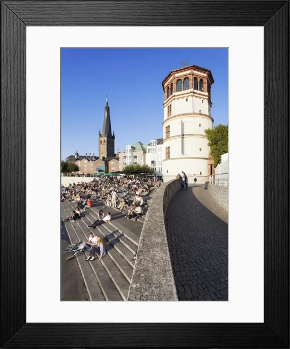Framed Print : People on stairs by the Rhine, Lambertus Church and Schlossturm tower, Dusseldorf, North Rhine Westphalia, Germany, Europe Framed Print : People on stairs by the Rhine, Lambertus Church and Schlossturm tower, Dusseldorf, North Rhine Westphalia, Germany, Europe