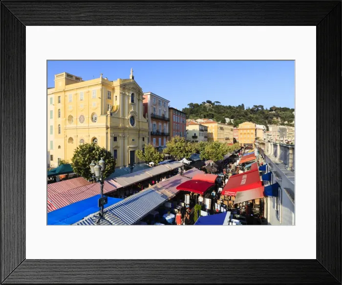 Framed Print : Outdoor restaurants set up in Cours Saleya, Nice, Alpes Maritimes, Provence, Cote d Azur, French Riviera, France, Europe Framed Print : Outdoor restaurants set up in Cours Saleya, Nice, Alpes Maritimes, Provence, Cote d Azur, French Riviera, France, Europe
