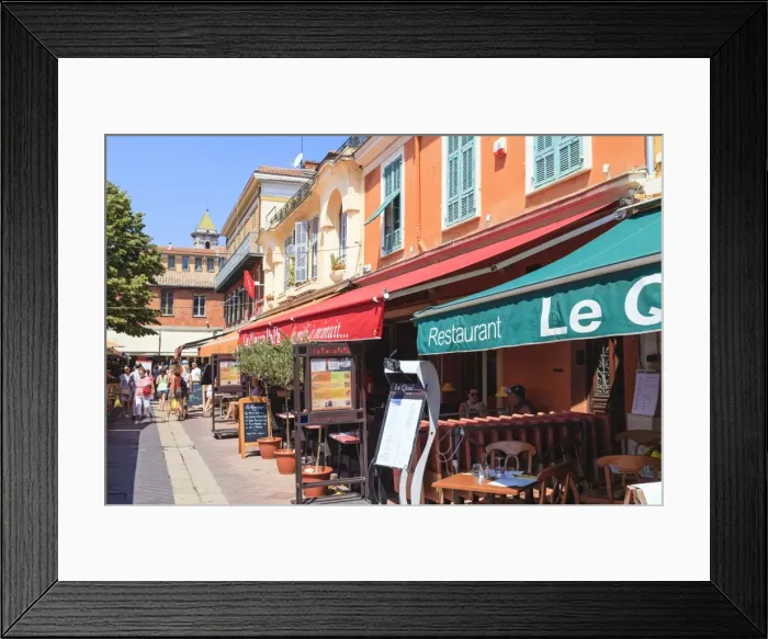 Framed Print : Restaurants in Cours Saleya, Nice, Alpes Maritimes, Provence, Cote d Azur, French Riviera, France, Europe Framed Print : Restaurants in Cours Saleya, Nice, Alpes Maritimes, Provence, Cote d Azur, French Riviera, France, Europe