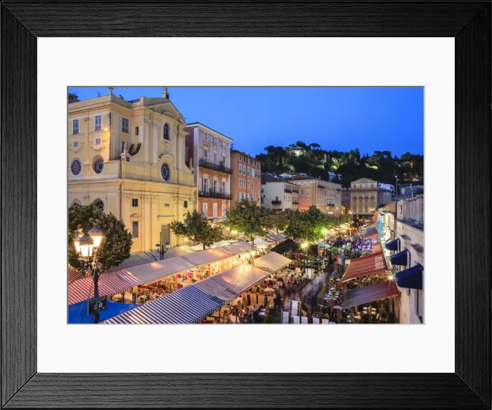 Framed Print : Open air restaurants in Cours Saleya, Nice, Alpes-Maritimes, Provence, Cote d Azur, French Riviera, France, Europe Framed Print : Open air restaurants in Cours Saleya, Nice, Alpes-Maritimes, Provence, Cote d Azur, French Riviera, France, Europe