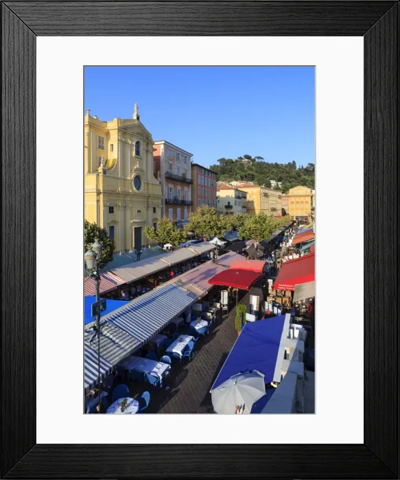 Framed Print : Outdoor restaurants set up in Cours Saleya, Nice, Alpes Maritimes, Provence, Cote d Azur, French Riviera, France, Europe Framed Print : Outdoor restaurants set up in Cours Saleya, Nice, Alpes Maritimes, Provence, Cote d Azur, French Riviera, France, Europe