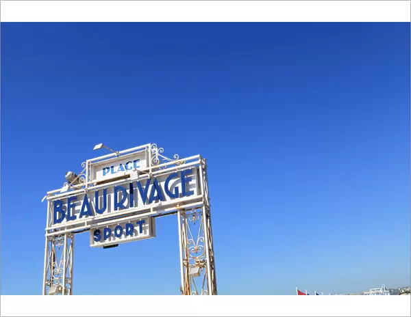 Beau Rivage beach sign, Nice, Alpes Maritimes, Provence, Cote d Azur, French Riviera, France, Europe