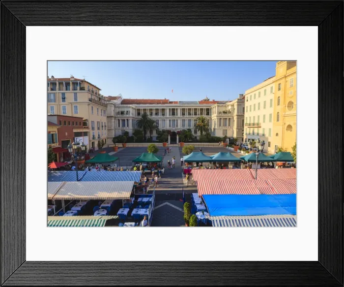 Framed Print : Outdoor restaurants set up in Cours Saleya, Nice, Alpes Maritimes, Provence, Cote d Azur, French Riviera, France, Europe Framed Print : Outdoor restaurants set up in Cours Saleya, Nice, Alpes Maritimes, Provence, Cote d Azur, French Riviera, France, Europe