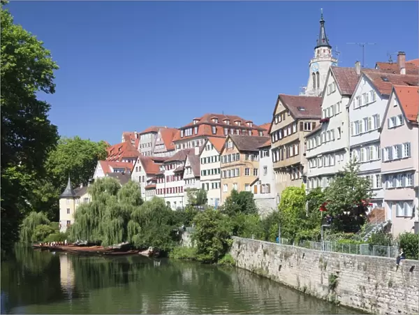 Old town with Holderlinturm tower Stiftskirche church reflecting in the River Neckar, Tubingen, Baden Wurttemberg, Germany, Europe