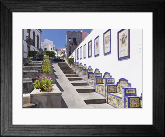 Framed Print : Ceramic benches by the water stairs, Paseo de Canarias, Firgas, Gran Canaria, Canary Islands, Spain, Atlantic, Europe Framed Print : Ceramic benches by the water stairs, Paseo de Canarias, Firgas, Gran Canaria, Canary Islands, Spain, Atlantic, Europe