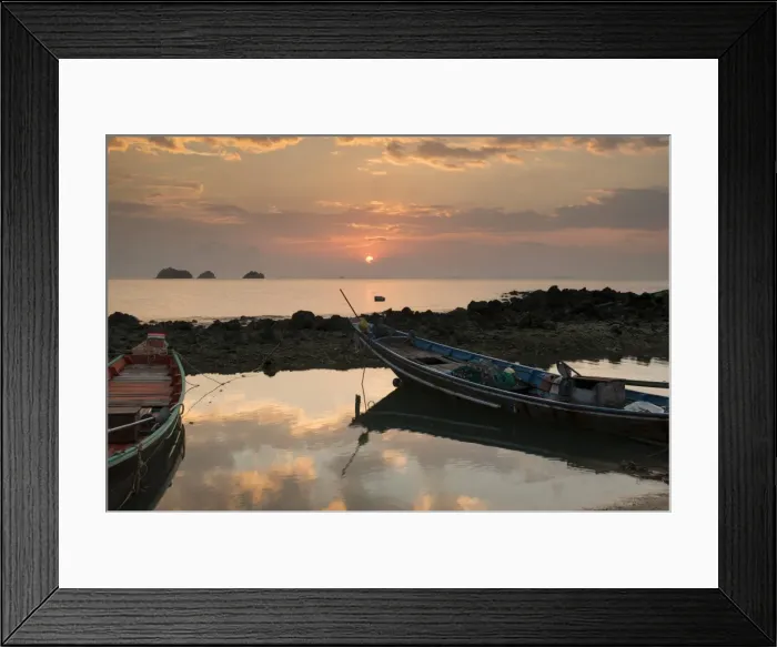 Framed Print : Long tail Boats at sunset, Taling Ngam Beach, Ko Samui Island, Surat Thani, Thailand, Southeast Asia, Asia