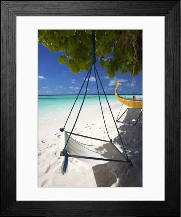 Framed Print : Swing and traditional boat on tropical beach, Maldives, Indian Ocean, Asia Framed Print : Swing and traditional boat on tropical beach, Maldives, Indian Ocean, Asia