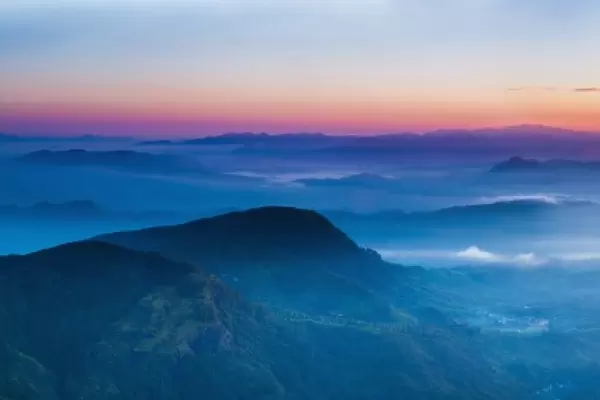 Adams Peak (Sri Pada) view at sunrise, mountains and the Maussakele Reservoir, Central Highlands, Sri Lanka, Asia