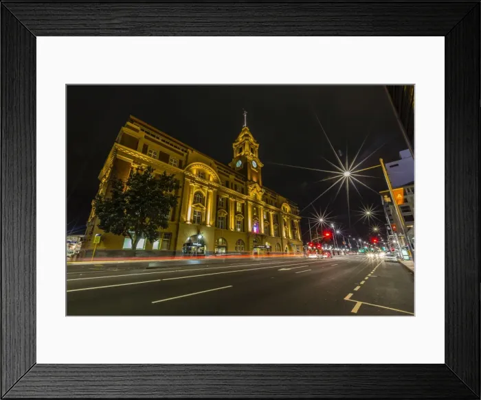 Framed Print : Night view of the Britomart Transport Centre in the city of Auckland from Auckland Harbour, North Island, New Zealand, Pacific
