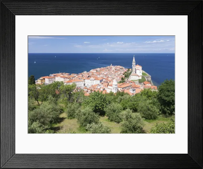 Framed Print : High angle view of the old town with Tartini Square, townhall and the cathedral of St. George, Piran, Istria, Slovenia, Europe Framed Print : High angle view of the old town with Tartini Square, townhall and the cathedral of St. George, Piran, Istria, Slovenia, Europe