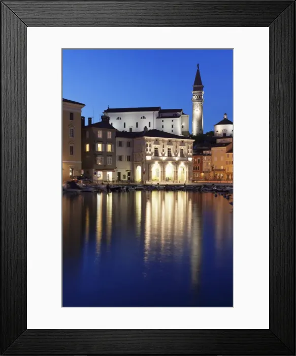 Framed Print : Waterfront buildings at the harbour and bell tower of Cathedral of St. George, Piran, Istria, Slovenia, Europe Framed Print : Waterfront buildings at the harbour and bell tower of Cathedral of St. George, Piran, Istria, Slovenia, Europe