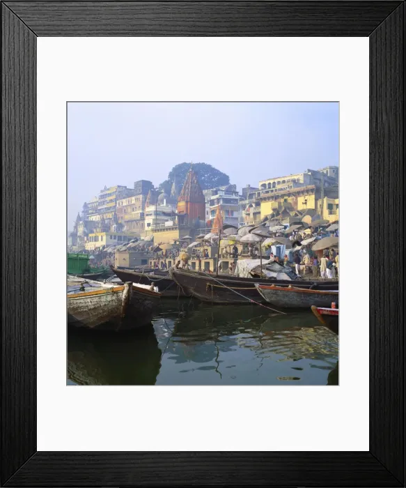 Framed Print : Boats Moored in Front of Ghats on the River Ganges, Varanasi, Uttar Pradesh, India