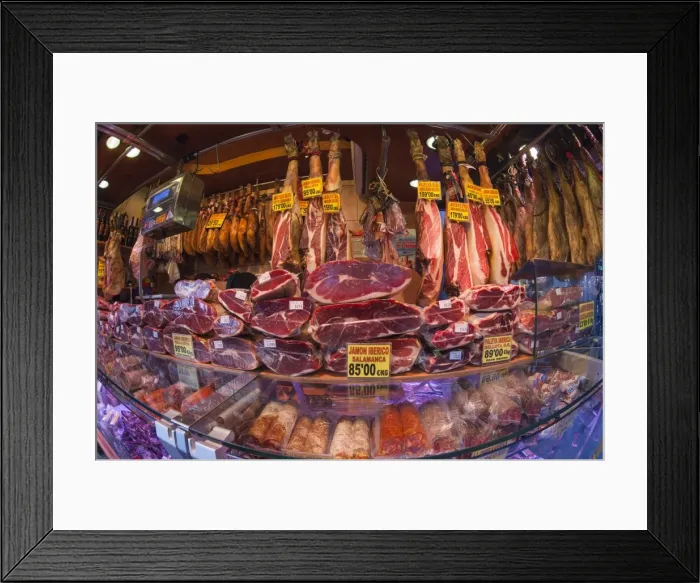 Framed Print : Spanish ham for sale in covered market, Las Ramblas, Barcelona, Catalunya, Spain, Europe