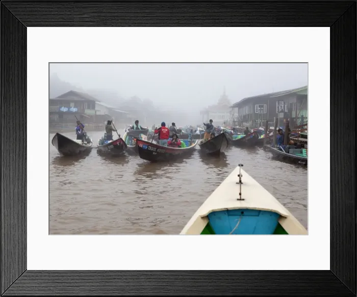 Framed Print : Tourist boats in early morning fog at jetty, Nyaungshwe, Inle Lake, Shan State, Myanmar (Burma), Asia Framed Print : Tourist boats in early morning fog at jetty, Nyaungshwe, Inle Lake, Shan State, Myanmar (Burma), Asia