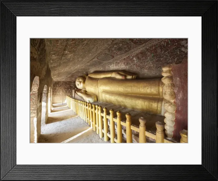 Framed Print : Reclining Buddha and murals in carved out cave, Hpo Win Daung (Buddha cave-niche complex), near Monywa, Monywa Region, Myanmar (Burma), Asia