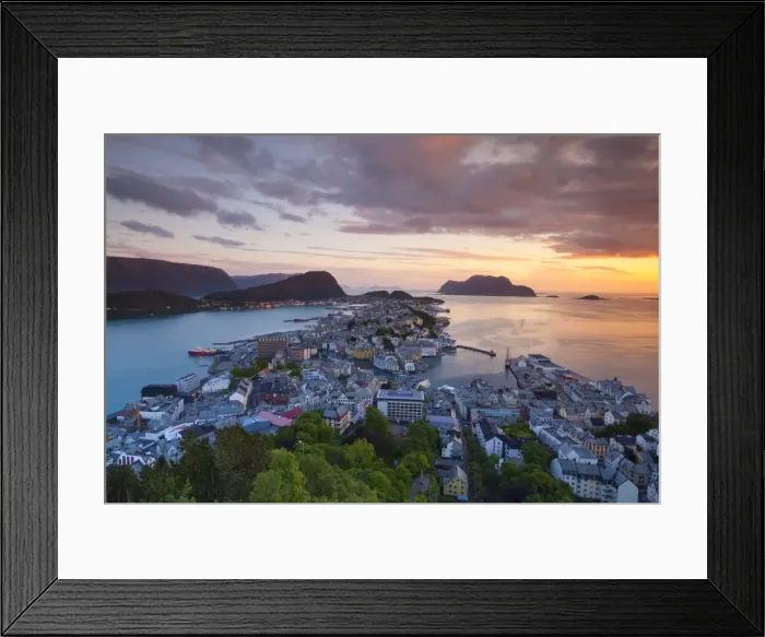 Framed Print : Elevated view over Alesund illuminated at sunset, Sunnmore, More og Romsdal, Norway, Scandinavia, Europe Framed Print : Elevated view over Alesund illuminated at sunset, Sunnmore, More og Romsdal, Norway, Scandinavia, Europe