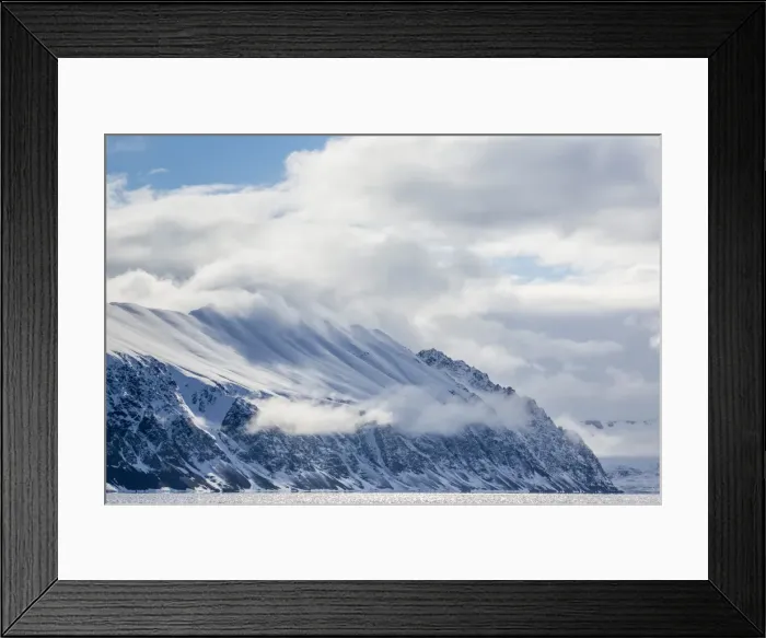 Framed Print : Dramatic skies in Signehamna, Krossfjorden, Spitsbergen, Svalbard, Norway, Scandinavia, Europe