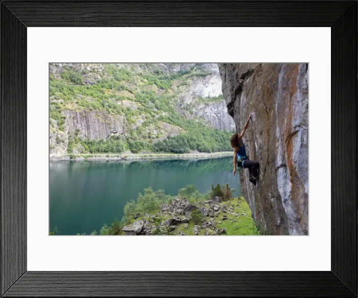 Framed Print : A female climber tackles a steep cliff at Loven, near Aurland, western Norway, Scandinavia, Europe Framed Print : A female climber tackles a steep cliff at Loven, near Aurland, western Norway, Scandinavia, Europe
