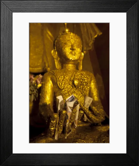 Framed Print : Gold Buddha with money offering in hand, Bagan, Central Myanmar, Myanmar Framed Print : Gold Buddha with money offering in hand, Bagan, Central Myanmar, Myanmar