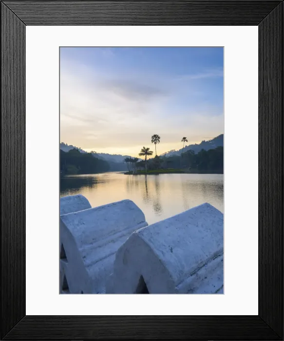 Framed Print : Kandy Lake at sunrise, the island of the Royal Summer House, with the Clouds Wall in the foreground, Kandy, Sri Lanka, Asia Framed Print : Kandy Lake at sunrise, the island of the Royal Summer House, with the Clouds Wall in the foreground, Kandy, Sri Lanka, Asia