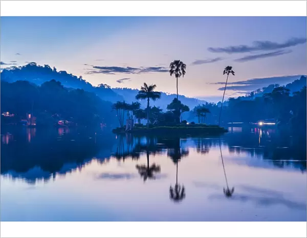 Kandy Lake and the island which houses the Royal Summer House at dawn, Kandy, Central Province, Sri Lanka, Asia