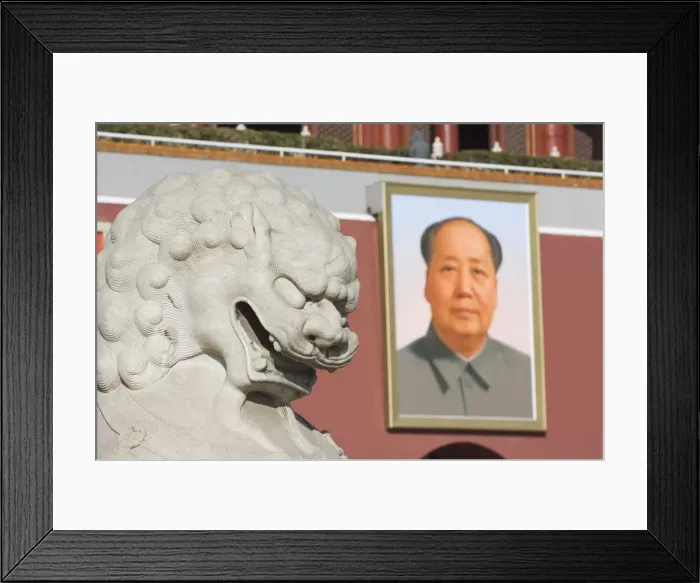 Framed Print : a lion statue and picture of Mao Tse Dong on the Gate of Heavenly Peace Tiananmen Square Beijing China Framed Print : a lion statue and picture of Mao Tse Dong on the Gate of Heavenly Peace Tiananmen Square Beijing China
