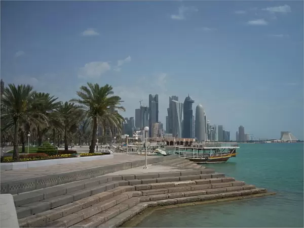 Futuristic skyscrapers on the distant Doha skyline, Qatar, Middle East