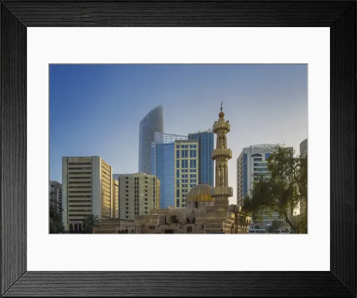 Framed Print : Mosque and modern buildings downtown Abu Dhabi, United Arab Emirates, Middle East Framed Print : Mosque and modern buildings downtown Abu Dhabi, United Arab Emirates, Middle East