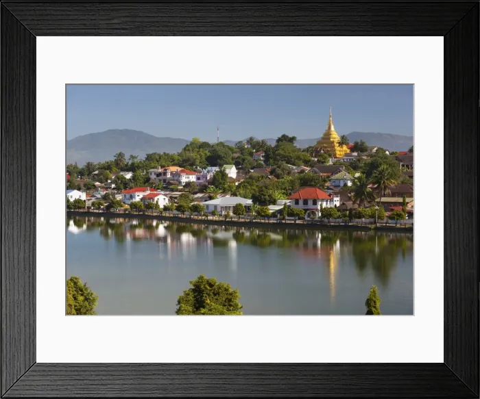 Framed Print : Wat Jong Kham and colonial era buildings on Naung Tung Lake, Kengtung, Shan State, Myanmar (Burma), Asia