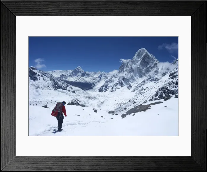 Framed Print : Sherpa guide walking over Cho La Pass with Ama Dablam on left and Arakam Tse on right side, Solukhumbu District, Nepal, Himalayas, Asia Framed Print : Sherpa guide walking over Cho La Pass with Ama Dablam on left and Arakam Tse on right side, Solukhumbu District, Nepal, Himalayas, Asia