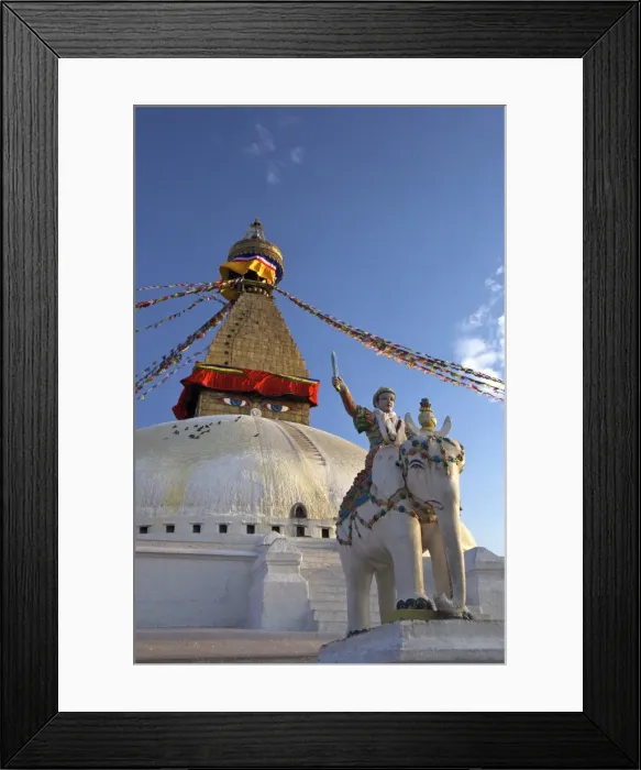 Framed Print : Warrior on elephant guards the north side of Boudhanath Stupa, UNESCO World Heritage Site, Kathmandu, Nepal, Asia Framed Print : Warrior on elephant guards the north side of Boudhanath Stupa, UNESCO World Heritage Site, Kathmandu, Nepal, Asia