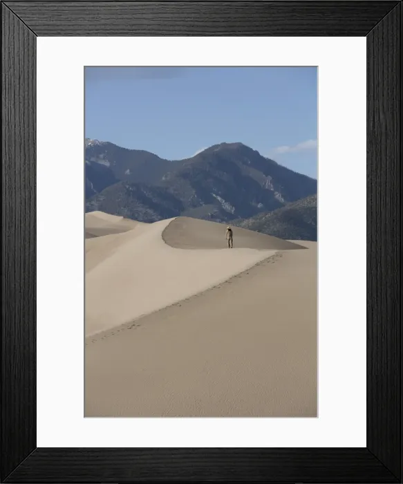 Framed Print : Hiker on the sand dunes, Great Sand Dunes National Park and Preserve, with Sangre Cristo Mountains in the background, Colorado, United States of America, North America Framed Print : Hiker on the sand dunes, Great Sand Dunes National Park and Preserve, with Sangre Cristo Mountains in the background, Colorado, United States of America, North America