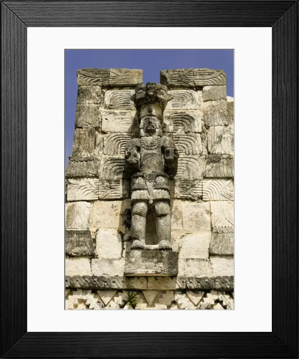 Framed Print : Stone carved Atlantes figures on the back of the Mayan ruins of El Palacio de las Mascarones at Kabah, in the Yucatan, Mexico, North America Framed Print : Stone carved Atlantes figures on the back of the Mayan ruins of El Palacio de las Mascarones at Kabah, in the Yucatan, Mexico, North America