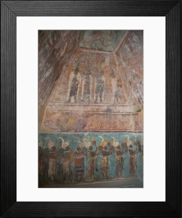 Framed Print : A procession of musicians in the lower panel and Maya nobles attending a ceremony at court in the top panel in Room 1, Temple of Murals, Bonampak Archaeological Zone, Chiapas, Mexico, North America Framed Print : A procession of musicians in the lower panel and Maya nobles attending a ceremony at court in the top panel in Room 1, Temple of Murals, Bonampak Archaeological Zone, Chiapas, Mexico, North America