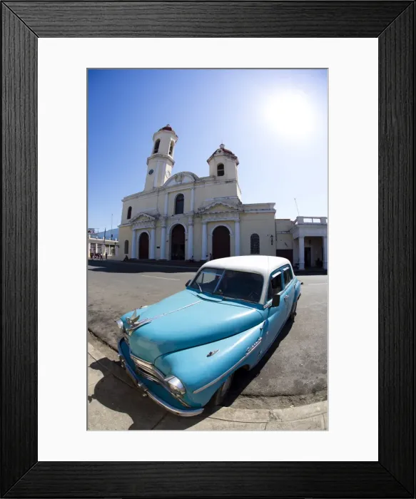 Framed Print : Fisheye image of vintage American car and church, Parc Jose Marti, Cienfuegos, UNESCO World Heritage Site, Cuba, West Indies, Central America Framed Print : Fisheye image of vintage American car and church, Parc Jose Marti, Cienfuegos, UNESCO World Heritage Site, Cuba, West Indies, Central America