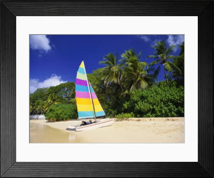 Framed Print : Colourful Yacht Moored on St James Beach, Barbados, Caribbean Framed Print : Colourful Yacht Moored on St James Beach, Barbados, Caribbean