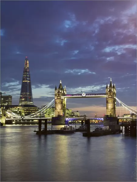 The Shard and Tower Bridge on the River Thames at night, London, England, United Kingdom, Europe