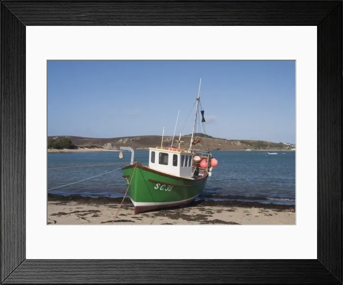 Framed Print : Fishing boat on Bryer with Tresco in background, Isles of Scilly, United Kingdom, Europe