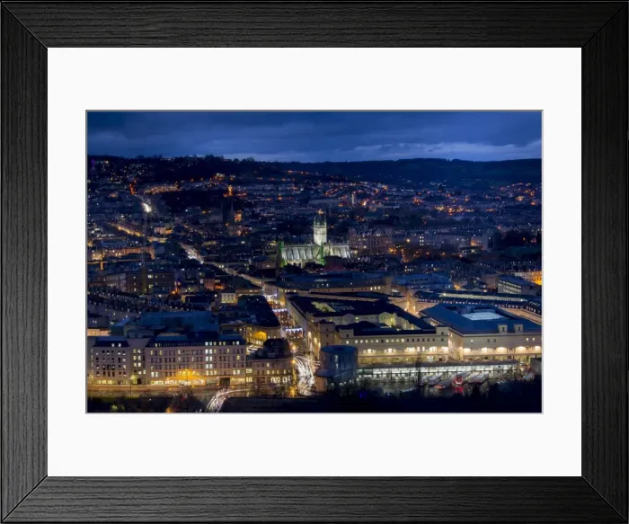 Framed Print : An aerial view of central Bath shows the Abbey and Southgate development at dusk, Bath, Avon, England, United Kingdom, Europe Framed Print : An aerial view of central Bath shows the Abbey and Southgate development at dusk, Bath, Avon, England, United Kingdom, Europe
