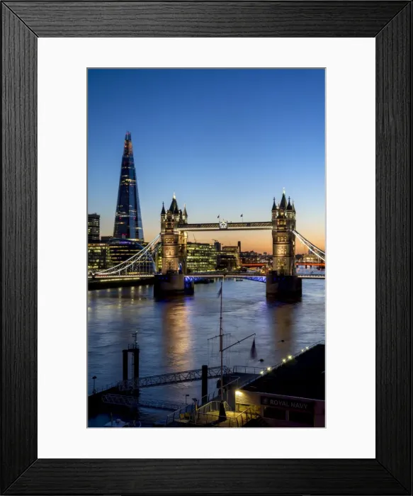 Framed Print : View of the Shard and Tower Bridge above the River Thames at dusk, London, England, United Kingdom, Europe Framed Print : View of the Shard and Tower Bridge above the River Thames at dusk, London, England, United Kingdom, Europe
