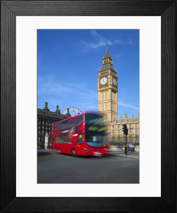 Framed Print : Motion blurred red London bus below Big Ben, Parliament Square, Westminster, London, England, United Kingdom, Europe Framed Print : Motion blurred red London bus below Big Ben, Parliament Square, Westminster, London, England, United Kingdom, Europe