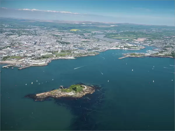 Plymouth with Drakes Island in foreground, Devon, England, United Kingdom, Europe