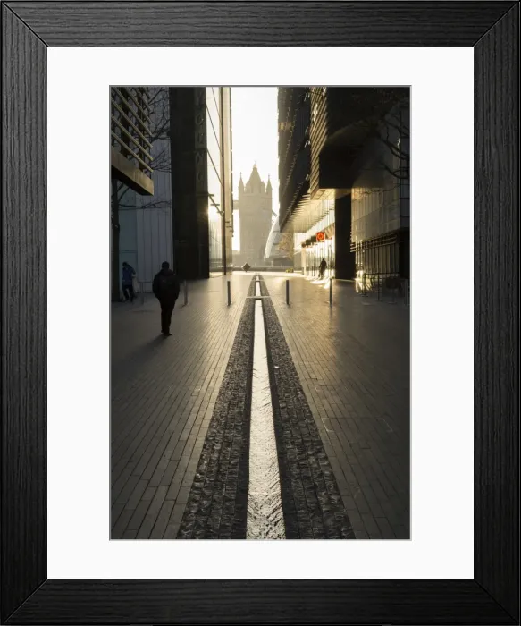 Framed Print : Ornamental stream flows through More Place with Tower Bridge at end of tunnel of buildings, London, England, United Kingdom, Europe Framed Print : Ornamental stream flows through More Place with Tower Bridge at end of tunnel of buildings, London, England, United Kingdom, Europe