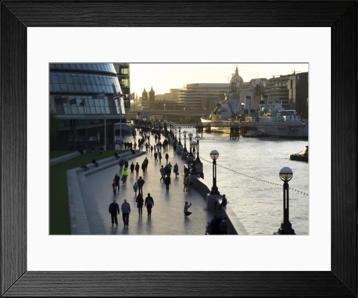 Framed Print : Pedestrians silhouetted on More Place riverfront with City Hall and HMS Belfast behind, London, England, United Kingdom, Europe Framed Print : Pedestrians silhouetted on More Place riverfront with City Hall and HMS Belfast behind, London, England, United Kingdom, Europe