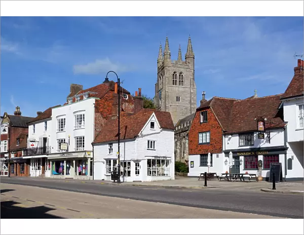 View of church and Woolpack Hotel, High Street, Tenterden, Kent, England, United Kingdom, Europe