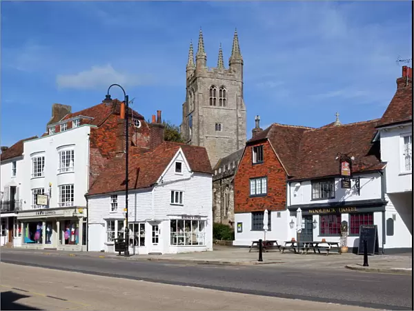 View of church and Woolpack Hotel, High Street, Tenterden, Kent, England, United Kingdom, Europe