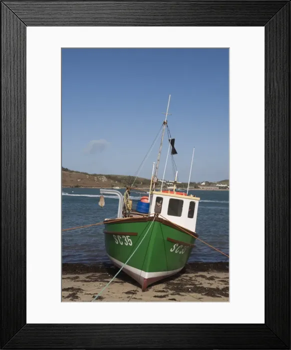 Framed Print : Fishing boat on Bryer with Tresco in background, Isles of Scilly, United Kingdom, Europe